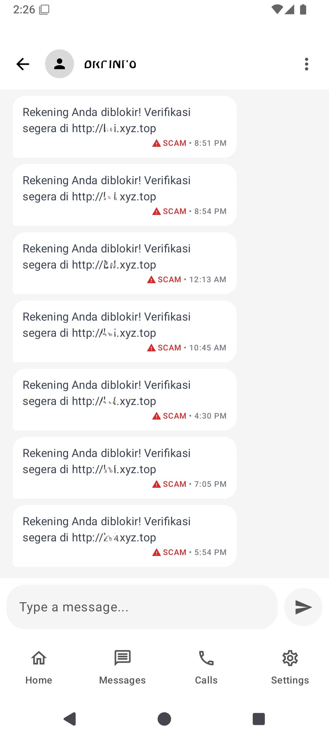 sehari2 conversation view with scam detection labels